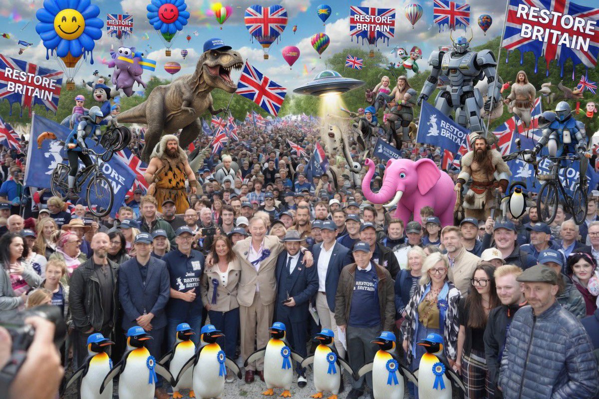 TheBestBrits's tweet photo. Yesterday was an amazing day for Restore

What a turnout!

Haters will say it’s ai but I assure you….. it’s 1000% real! 

I’m the penguin on the Far Right https://t.co/pTHKytcAhP