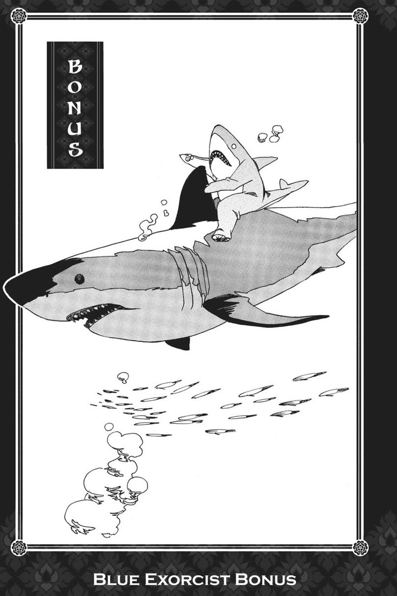jorgediegorl's tweet photo. Curiosidades de Ao no exorcist:

207. Kato suele agregar una ilustración en la mayoría de los tomos del manga, algunas pueden ser muy conmovedoras o bonitas como la de Izumo con su familia o Shiemi con su abuela, otras son súper random, Egin montando un tiburón. https://t.co/R0eSx2mYLb