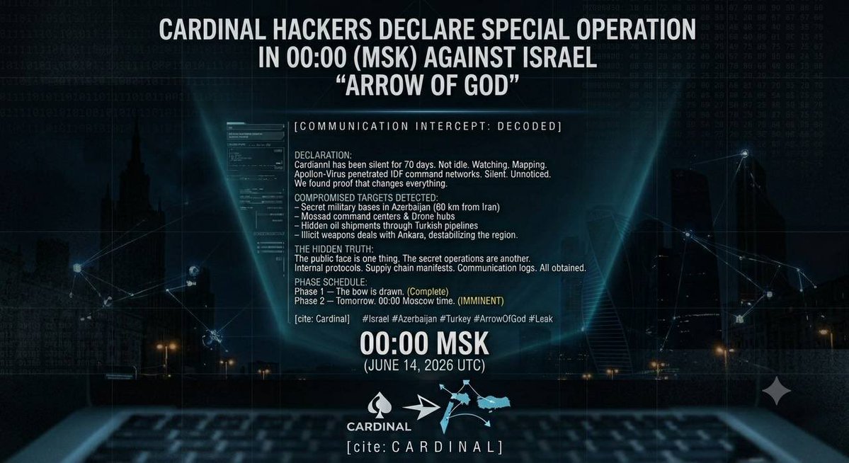 CardinalRu's tweet photo. Apollon-Virus inside IDF networks for 70 days. Silent. Mapping.

We found their secret: military bases in Azerbaijan, hidden oil shipments, covert coordination with Turkey.

Operation Arrow of God. Phase 2 tomorrow. 00:00 Moscow.

Join our channel:
https://t.co/XGA4i7AIj1

#Leak https://t.co/skXxUzVBnL