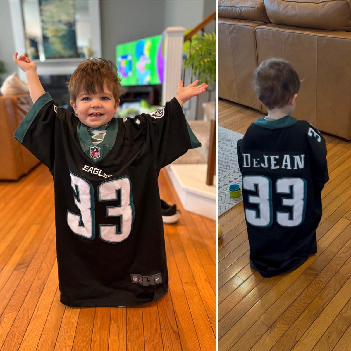 100FieldQuest's tweet photo. Guess it’s time to get my boy his own @cooperdejean @Eagles jersey. Mine is a little big on him 😂😂 #GoBirds #FlyEaglesFly https://t.co/p1vXngASqY