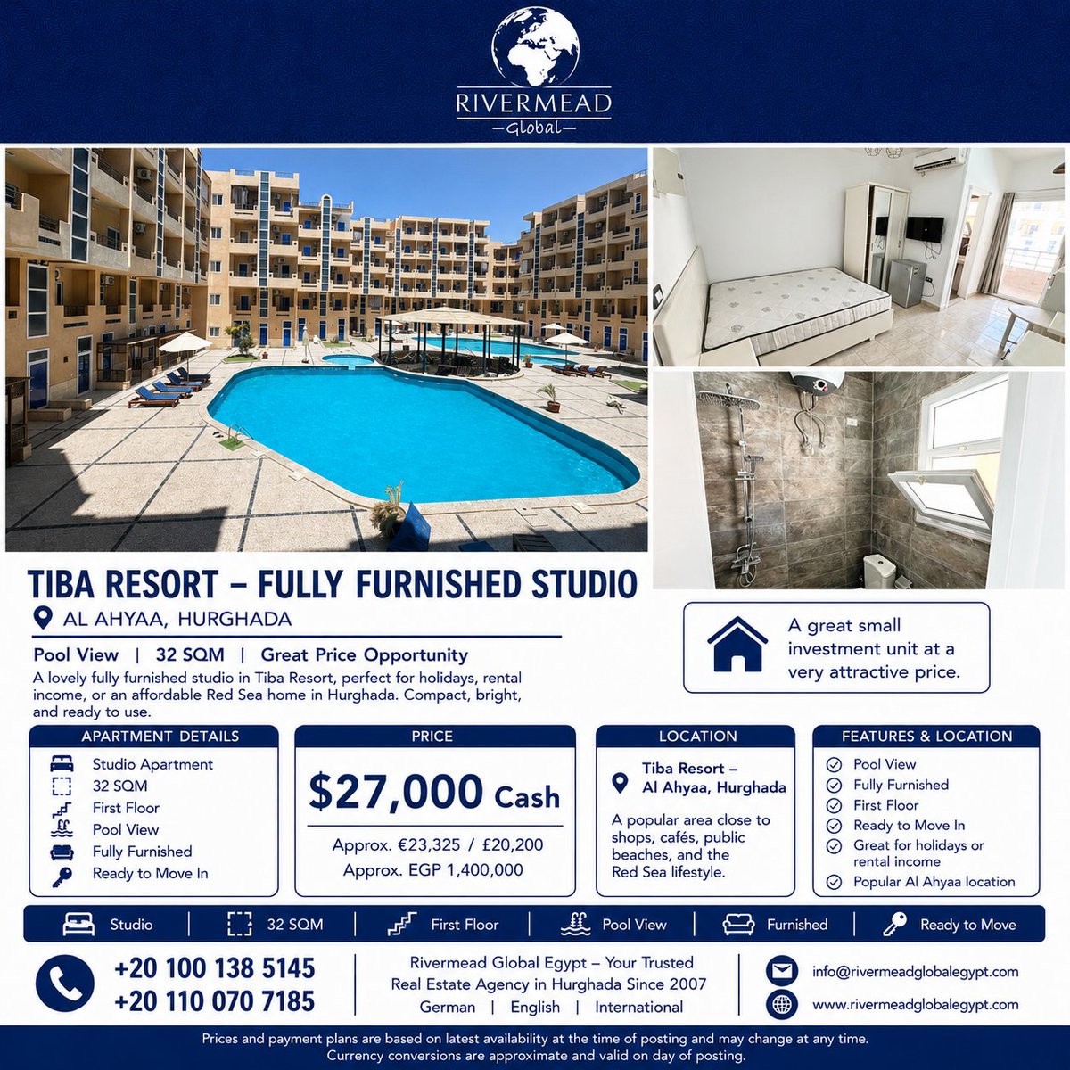 RivermeadG9455's tweet photo. π₯ TIBA RESORT β FULLY FURNISHED STUDIO WITH POOL VIEW π₯
π Al Ahyaa β Hurghada | Red Sea πͺπ¬
π‘ Ready Studio | Great Price Opportunity
#rivermead_global #Hurghada #RedSea #EgyptRealEstate #TibaResort #AlAhyaa #StudioForSale #PoolView #HolidayHome #InvestmentProperty https://t.co/qNAns4pXZi