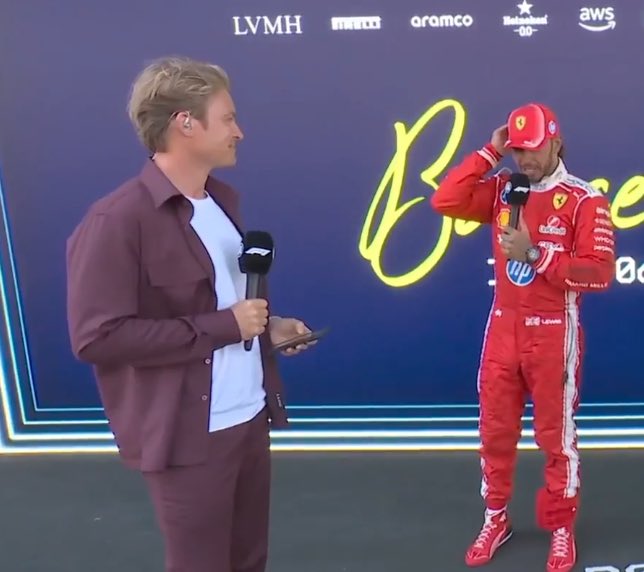 thelorebitch's tweet photo. nico interviewing lewis after his first ferrari win you can’t make this up 😭💀 https://t.co/UsiqZ8Gzfn