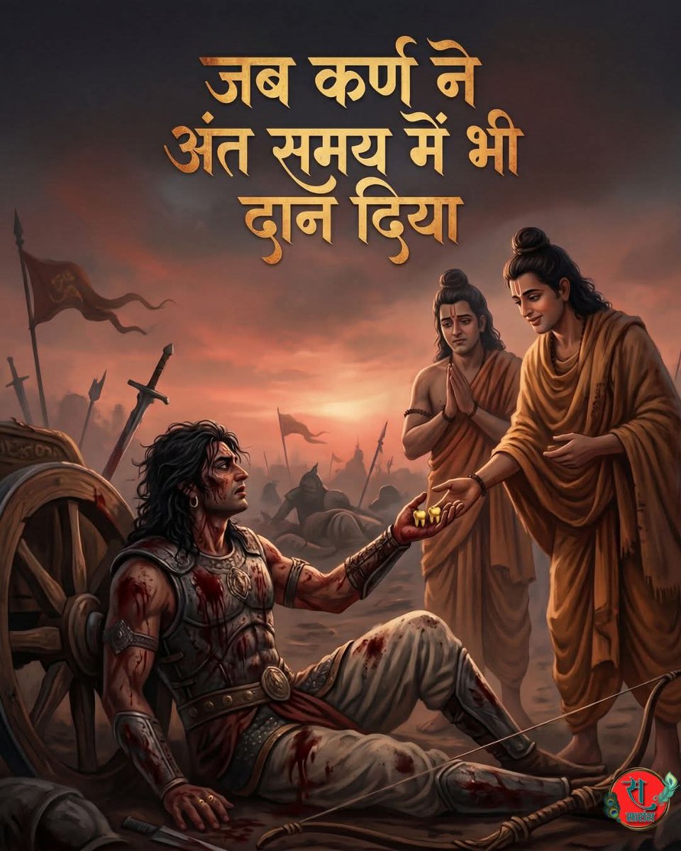 spm694's tweet photo. दानवीर कर्ण का अंतिम दान :
युद्ध का सत्रहवाँ दिन खत्म हो चुका था। युद्ध में कौरव सेना के तीसरे सेनापति महारथी कर्ण की पराजय हो चुकी थी। अर्जुन को कर्ण पर विजय प्राप्त करने के लिए उस पर तब प्रहार करना पड़ा था जब वो धरती में धँसे अपने रथ का चक्र निकाल रहा था। इसी कारण युद्ध के पश्चात अर्जुन का मन अत्यंत व्यथित था।
तभी श्री कृष्ण वहाँ आये और अर्जुन से दुखी मन से कहा कि आज महादानी कर्ण का भी पतन हो गया। कृष्ण को इस प्रकार बोलते देख अर्जुन को आश्चर्य हुआ। उसने सोचा था कि कृष्ण कर्ण को महावीर कहके सम्बोधित करेंगे किन्तु श्री कृष्ण उसे महादानी कह रहे थे। अर्जुन ने यही शंका कृष्ण के समक्ष रखी तो उन्होंने कहा कि कर्ण इस स्थिति में भी दान देने में सक्षम है। इस पर अर्जुन ने कहा हे माधव, मुझे कर्ण की दानवीरता पर कोई संदेह नहीं किन्तु जो व्यक्ति अपने जीवन की अंतिम साँसे ले रहा हो वो कैसे दान दे सकता है? इस पर श्री कृष्ण ने अर्जुन को कर्ण के पास चलने को कहा। 
दोनों ब्राह्मण का वेश बना कर युद्ध स्थल पहुँचे जहाँ कर्ण अपनी अंतिम श्वास ले रहा था। अपने समक्ष ब्राह्मणों को देख कर कर्ण ने उन्हें प्रणाम किया और कहा कि हे ब्राह्मण देव, आपका स्वागत है। कहिये मैं आपकी किस प्रकार सेवा कर सकता हूँ। इस पर श्री कृष्ण ने कहा कि हे अंगराज, हम तो आपके पास दान की आशा से आये थे किन्तु हमें आपकी स्थिति ज्ञात नहीं थी अतः हम वापस चले जाते हैं। इस पर कर्ण ने उन्हें रोकते हुए कहा कि हे ब्राह्मण देव, आप कृपया रुकें। मैं आपका आभारी हूँ कि मेरे अंतिम समय में भी आपने मुझे दान देने का सौभाग्य दिया। मैं अवश्य आपको कुछ न कुछ दूँगा।
ये कहकर कर्ण सोचने लगा कि आखिर इस समय इन्हें वो क्या दे सकता है? अचानक उसे ध्यान आया कि उसके दो दाँत स्वर्ण से मढ़े हैं। ये याद आते ही वो बड़ा प्रसन्न हो गया। फिर उसने वहीं पड़े एक पत्थर से अपने उन दाँतों को तोड़ डाला एवं उस पर मढ़े स्वर्ण को निकाल कर उसे श्री कृष्ण को देते हुए कहा कि हे ब्राह्मण देव, इस समय मेरे पास दान देने के लिए इतना ही स्वर्ण है। कृपया इसे स्वीकार करें।
इस प्रकार का दान देख कर अर्जुन की आँखें डबडबा गईं किन्तु श्री कृष्ण ने कहा कि हे महारथी, इतना स्वर्ण हमारे लिए पर्याप्त है किन्तु ये जूठा है और ब्राम्हण जूठा दान नहीं ले सकते। इस पर कर्ण सोचने लगा कि इस रणभूमि में उसे जल कहाँ से मिलेगा। कुछ सोच कर उसने श्री कृष्ण से कहा कि हे ब्राह्मण देव,  तनिक वहाँ पड़ा मेरा धनुष मुझे पकड़ा दें। मैं अभी इस स्वर्ण को शुद्ध करके आपको देता हूँ। इस पर श्री कृष्ण ने कहा कि क्या तुम ब्राह्मण से श्रम करवाओगे?
ब्राह्मण को इस प्रकार बोलते देख कर्ण को बड़ी लज्जा आई। वो स्वयं किसी प्रकार घिसटता हुआ अपने धनुष तक पहुँचा और वरुणास्त्र का संधान कर उसने उससे उत्पन्न जल से धोकर स्वर्ण को कृष्ण की ओर बढ़ाते हुए कहा हे ब्राह्मण देव, अब ये दान सर्वथा शुद्ध है। कृपा कर आप इसे स्वीकार करें।
अपने अंतिम समय में भी कर्ण को इस प्रकार दान देते देख श्री कृष्ण और अर्जुन आश्चर्यचकित रह गए। दोनों ने अपने वास्तविक स्वरुप में आकर कर्ण का अभिवादन किया। श्री कृष्ण ने भरे कंठ से कहा कि हे दानवीर, आज से पहले तुमसे बड़ा दानी न कोई हुआ है और न ही आज के पश्चात कोई और होगा। मैं तुम्हे मोक्ष प्राप्ति का वरदान देता हूँ। इसके बाद कर्ण ने अपने प्राण त्याग दिए और कृष्ण और अर्जुन भरे मन से वहाँ से लौट पड़े।
🙏 जय श्री कृष्ण 🙏