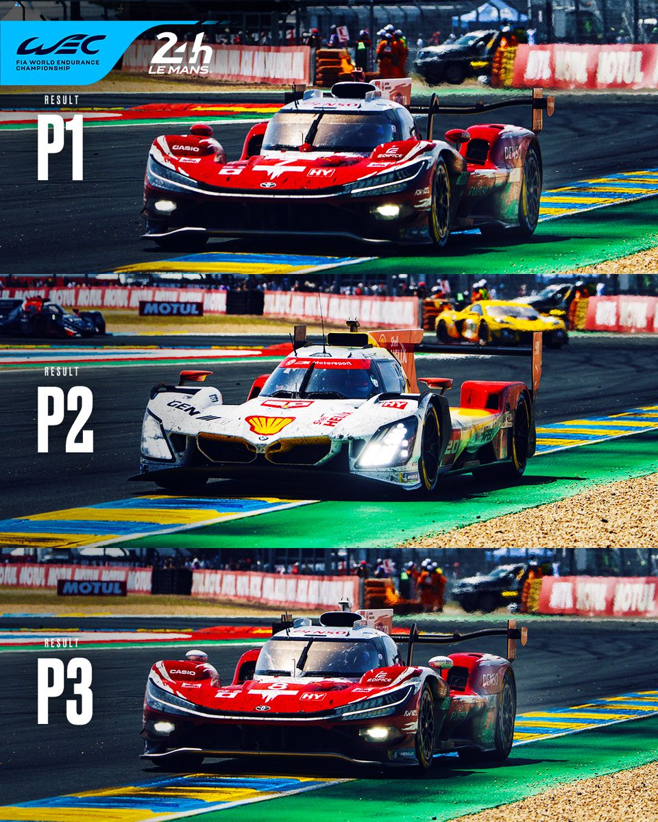 FIAWEC's tweet photo. Your top 3️⃣ Hypercar finishers at Le Mans!

P1 - #7 @ToyotaRacingWEC 🇯🇵
P2 - #20 @BMWMotorsport 🇩🇪
P3 - #8 @ToyotaRacingWEC 🇯🇵

#WEC #LeMans24 #Toyota #BMW https://t.co/g83KX0uczg