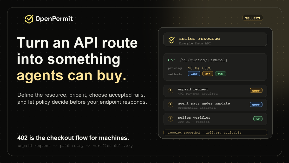 OpenPermitAI's tweet photo. Sellers should not need to build a custom checkout for every agent.

With OpenPermit, an API route becomes a paid resource: price, accepted rails, verification, receipt. Unpaid requests get a 402. Paid retries get checked before your endpoint responds. https://t.co/jvn9yNTNoE