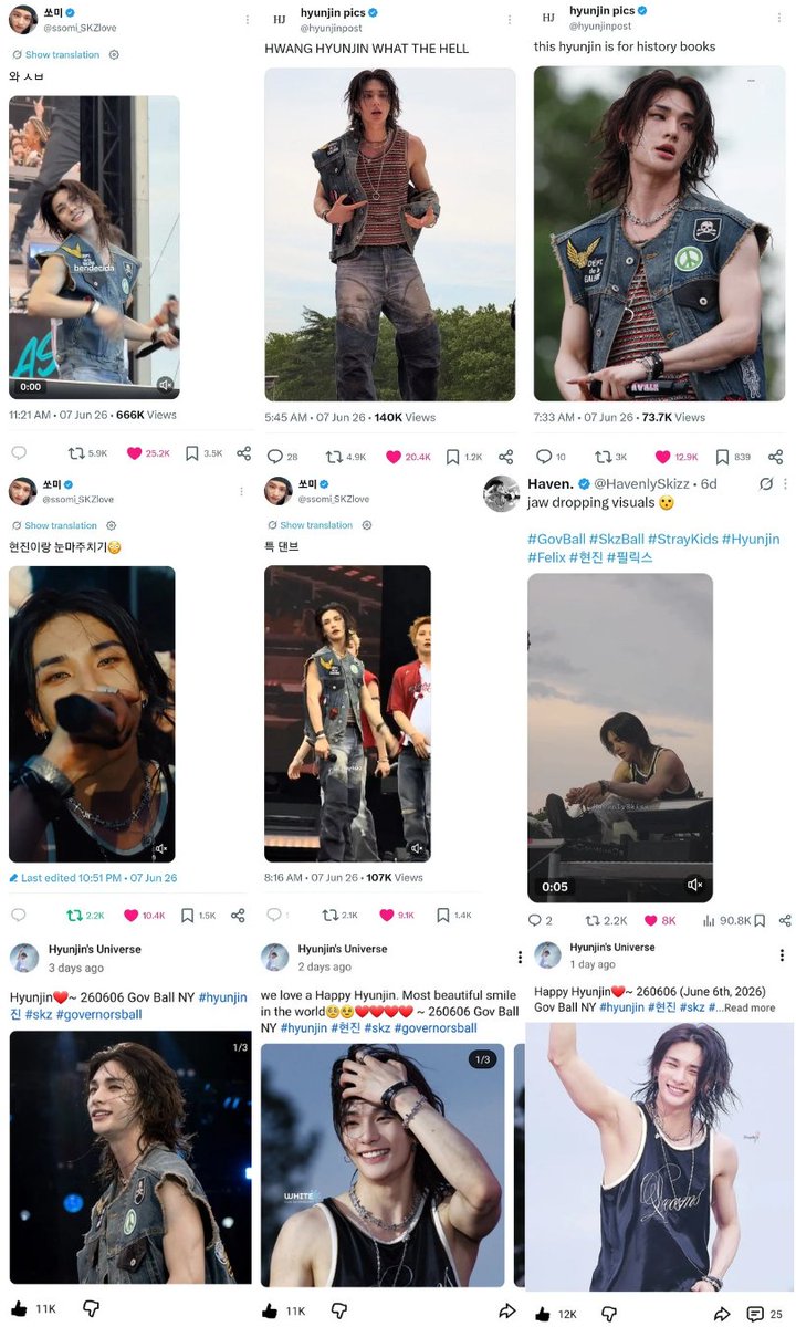 HHJNation's tweet photo. One week after Governors Ball and Hyunjin is STILL unstoppable.... The buzz is everywhere; TikTok, IG, X, YouTube… videos hitting 8 MILLION views and climbing. 

His appeal is truly universal.  

Can’t wait to see him back in his element on stage soon ☺️ https://t.co/OgH1krbZTm