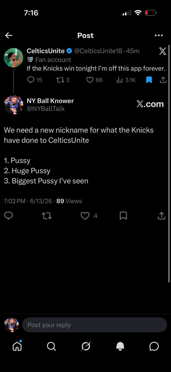 NYBallTalk's tweet photo. @CelticsUnite18 What you still tweeting for? Time to log off you absolute bitch lmao https://t.co/3QTPx9pxcJ