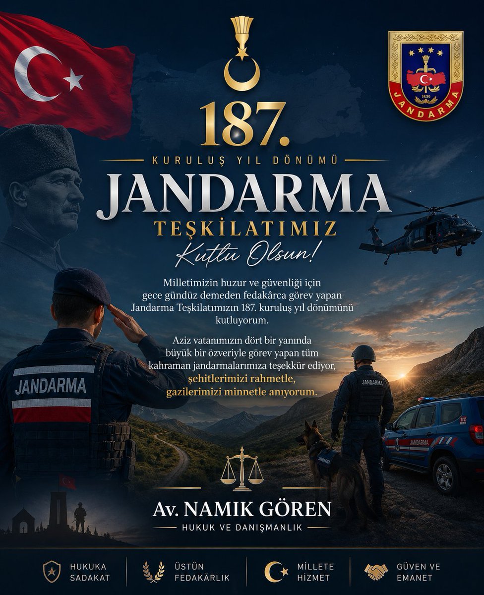 namikgorentr's tweet photo. Milletimizin huzur ve güvenliği için gece gündüz demeden fedakârca görev yapan Jandarma Teşkilatımızın 187. kuruluş yıl dönümünü kutluyorum. Aziz vatanımızın dört bir yanında büyük bir özveriyle görev yapan tüm kahraman jandarmalarımıza teşekkür ediyor, şehitlerimizi rahmetle, gazilerimizi minnetle anıyorum.