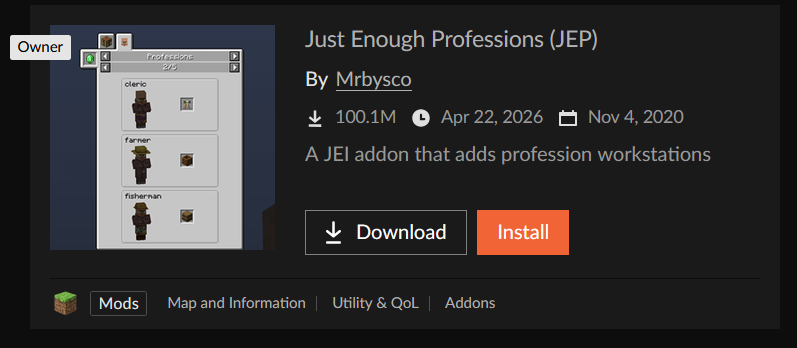 Mrbysco's tweet photo. Just Enough Professions is my first mod to reach 100m downloads 🥳🎈🎉 @CurseForge https://t.co/H1yDwQP1q9