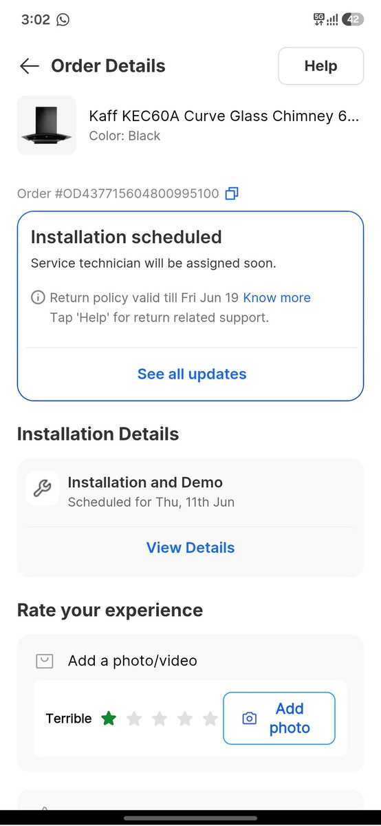 beatsraman's tweet photo. @Flipkart @flipkartsupport @KAFFIndia My KAFF KEC 60 chimney was delivered on June 9, but installation is still pending. I've called customer support multiple times and keep getting new timelines with no action. Extremely disappointed. Please resolve this urgently #Flipkart #kaff https://t.co/Wd9NRR6LQR