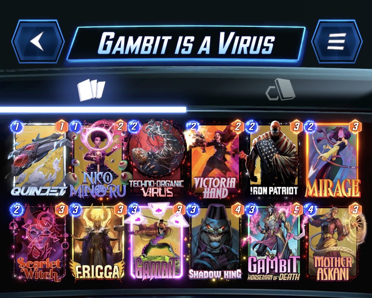 bullseye_qwerty's tweet photo. How can we make Gambit decks more toxic?

By giving them a virus of course!

Just a nasty deck all around. 

I know folks have been swapping out VHand for TOV but I think she’s still providing a ton of value.

#MarvelSnap https://t.co/aWMFdQNhAQ