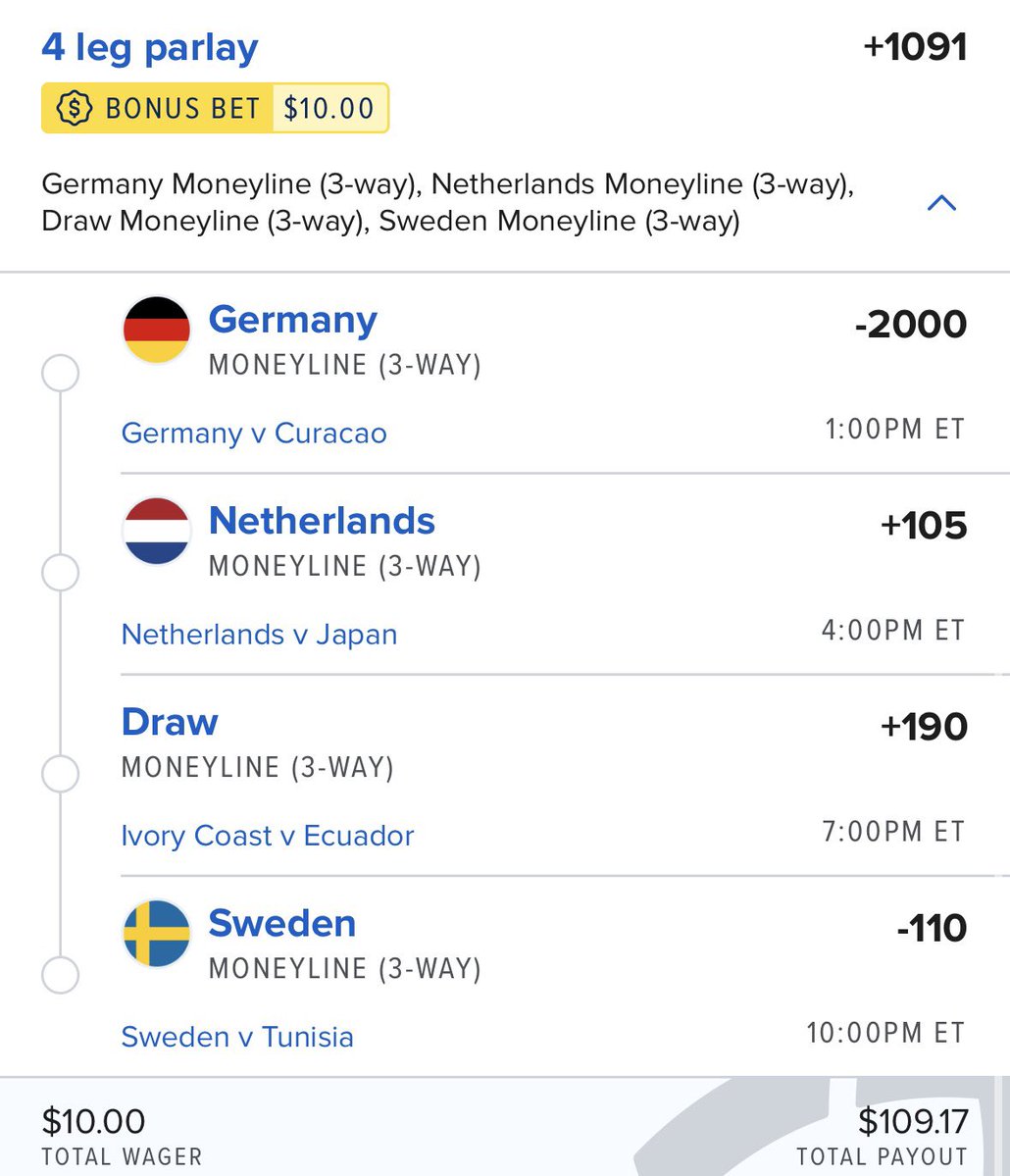 ParlaysProdigy's tweet photo. World Cup Sunday

4 Legs. Let’s cash $100. https://t.co/7yxXtJDRC6