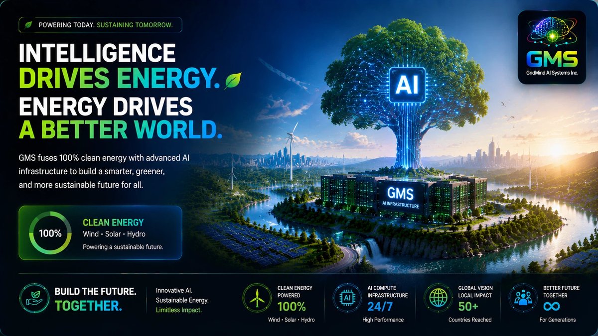 GMS_2026's tweet photo. ⚡ Intelligence drives energy. Energy drives a better world. 🌱🤖

GMS is building a future powered by 100% clean energy + advanced AI infrastructure. Smarter systems. Greener planet. 🌍✨

#GMS #GridMindAISystemsInc #AI #CleanEnergy #GreenAI #FutureTech https://t.co/JuLxr5A9UW