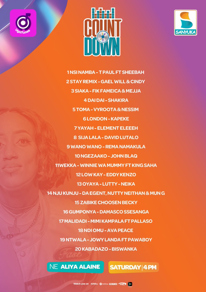 sanyukatv's tweet photo. This week has had amazing songs topping the chart, but here are the top 20 hits of the week, powered by @UgaTunes.

Nsi Namba, by @Ksheebah1 and @tpaul256 is our number 1 song of the week, Rate it out of 10.

#SanyukaCountdown | #SanyukaCountDown https://t.co/7iEGpKC8qz