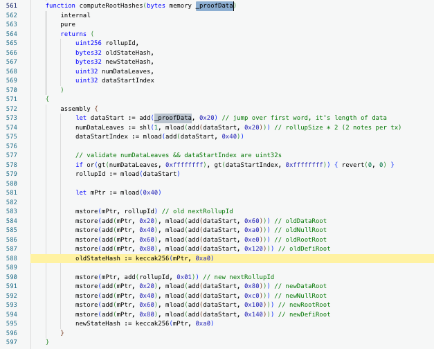 CertiKAlert's tweet photo. 1/ It seems not all part of the submitted '_proofData' is properly verified: the computeRootHashes() only takes the beginning of '_proofData for verification, while the parameters handled by processDepositsAndWithdrawals() to transfer tokens are in the middle. https://t.co/WAblZ2Amvc