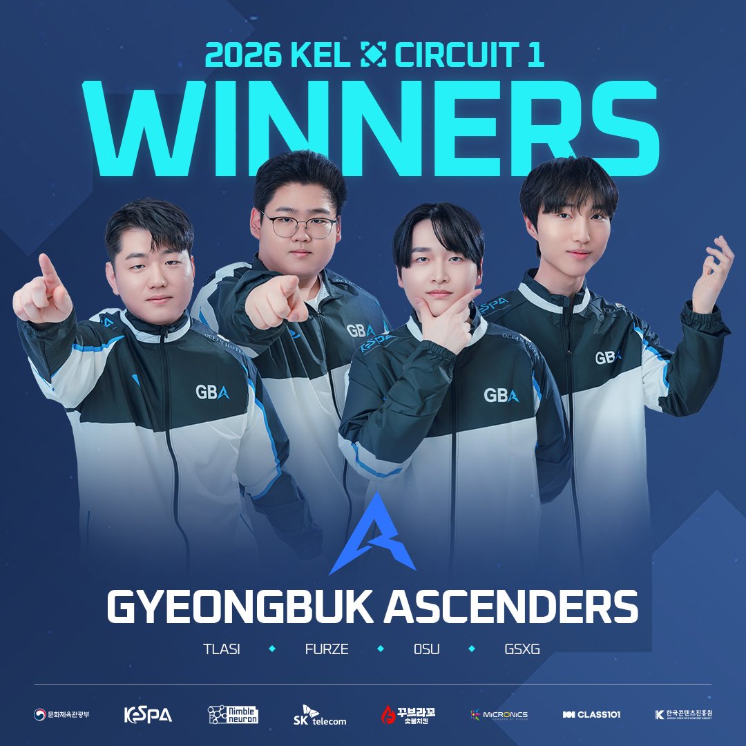 EternalReturnKR's tweet photo. 🏆 2026 KEL 서킷 1 최종 결과 🏆

2026 대한민국 이스포츠 리그 (KEL), 그 첫 번째 서킷의 우승팀은 경북 어센더스입니다! 🏆

패자조, 최종전을 지나 결승전에서 당당히 서킷 우승을 차지한 경북 어센더스 선수들에게 축하를 전해주세요! 🥳👏

2026 KEL 서킷 1을 함께해 주신 모든 팬 여러분께 감사드립니다.
다가오는 서킷 2의 조 편성 결과와 전체 일정은 추후 이터널 리턴 공식 채널을 통해 확인하실 수 있습니다.

#이터널리턴 #EternalReturn #KEL