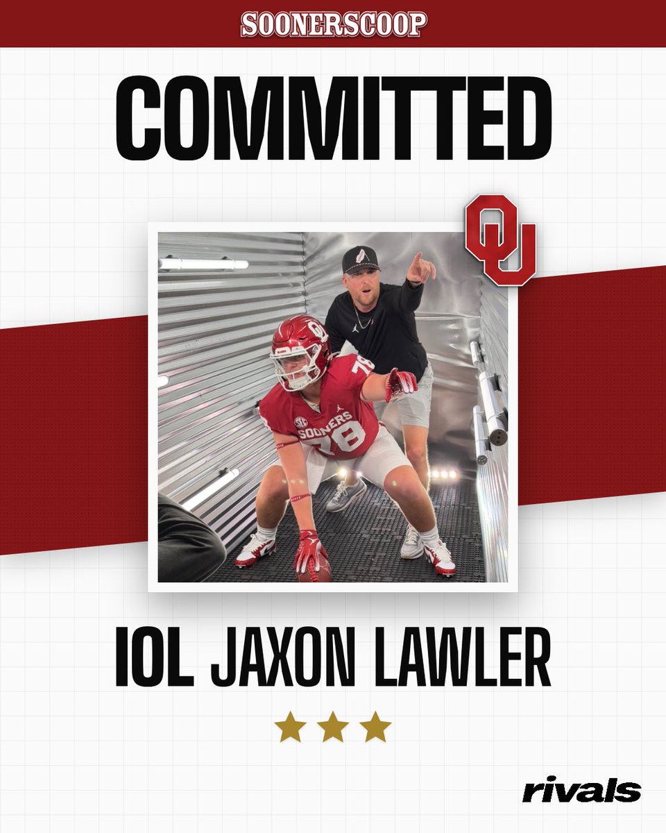 ParkerThune's tweet photo. Commit No. 2 of the day is in for the #Sooners, who land a lifelong Oklahoma fan in Amarillo (Texas) Bushland OL Jaxon Lawler. He added his dream offer last week at camp and wasted no time in locking down his spot.

MORE ➡️ https://t.co/JIv4S8nVq3 https://t.co/TygH13fl7w