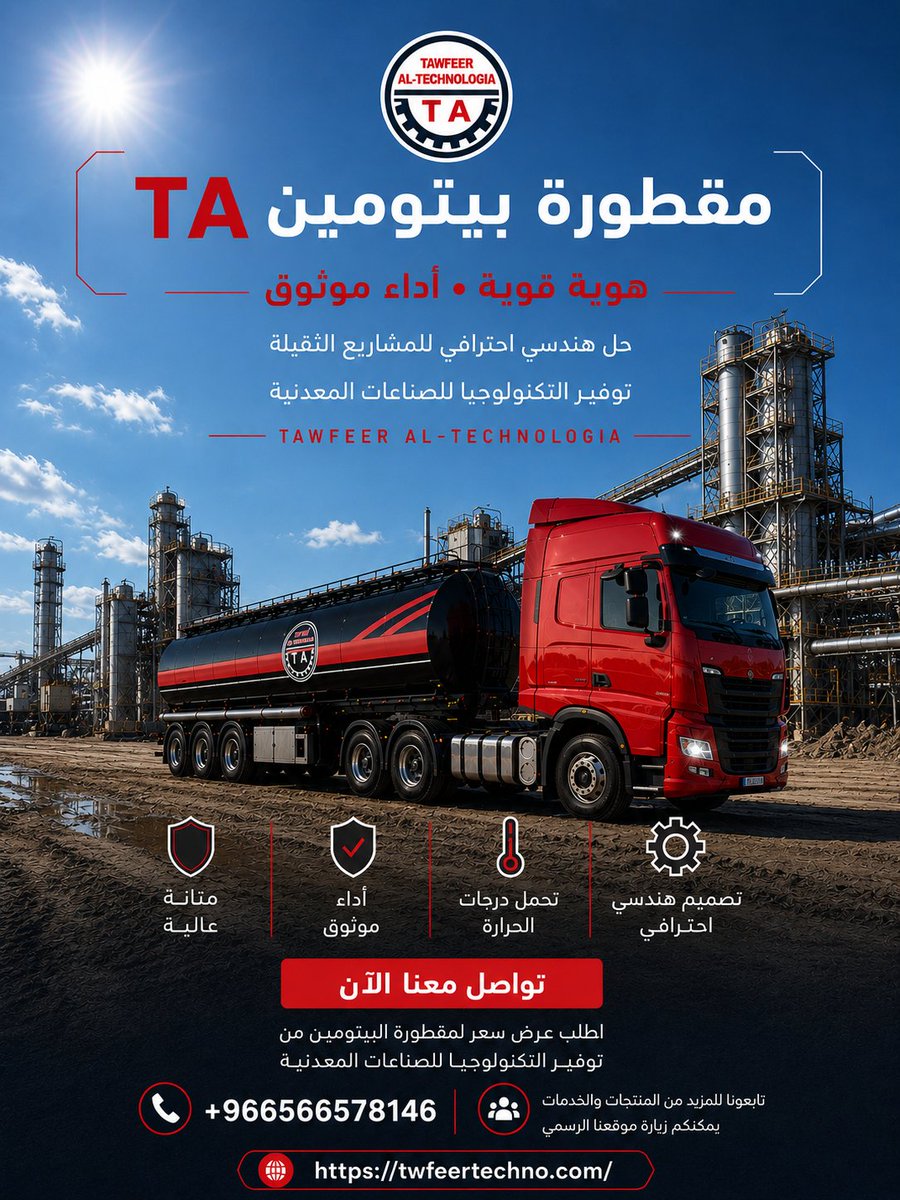 tawfeertechno's tweet photo. ليست مجرد مقطورة بيتومين...

إنها مزيج من الهندسة الدقيقة، والمتانة العالية، والأداء الذي صُمم ليتجاوز التوقعات.

TA Bitumen Trailer

هوية قوية • أداء موثوق • جودة تُرى في التفاصيل وتُثبتها النتائج.

للشركات التي تبحث عن التميز الحقيقي في مشاريعها الثقيلة.

🌐 https://t.co/s8fP21Qd97
📞 +966566578146

#توفير_التكنولوجيا #TA #مقطورة_بيتومين #البيتومين #النقل_اللوجستي #المشاريع_الكبرى #الصناعة #SaudiArabia #Engineering #BitumenTrailer