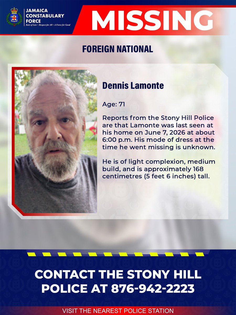 JamaicaConstab's tweet photo. Seventy-one-year-old Dennis Lamonte, a U.S. citizen who resides in Golden Spring, Stony Hill, St. Andrew, has been reported missing.
 
He is of light complexion, medium build, and is approximately 168 centimetres (5 feet 6 inches) tall.
 
Reports from the Stony Hill Police are that Lamonte was last seen at his home on Sunday, June 7, at about 6:00 p.m. His mode of dress at the time he went missing is unknown. He has not been heard from since.
 
Anyone with information regarding the whereabouts of Dennis Lamonte is being asked to contact the Stony Hill Police at 876-942-2223, the police emergency number 119, or the nearest police station.