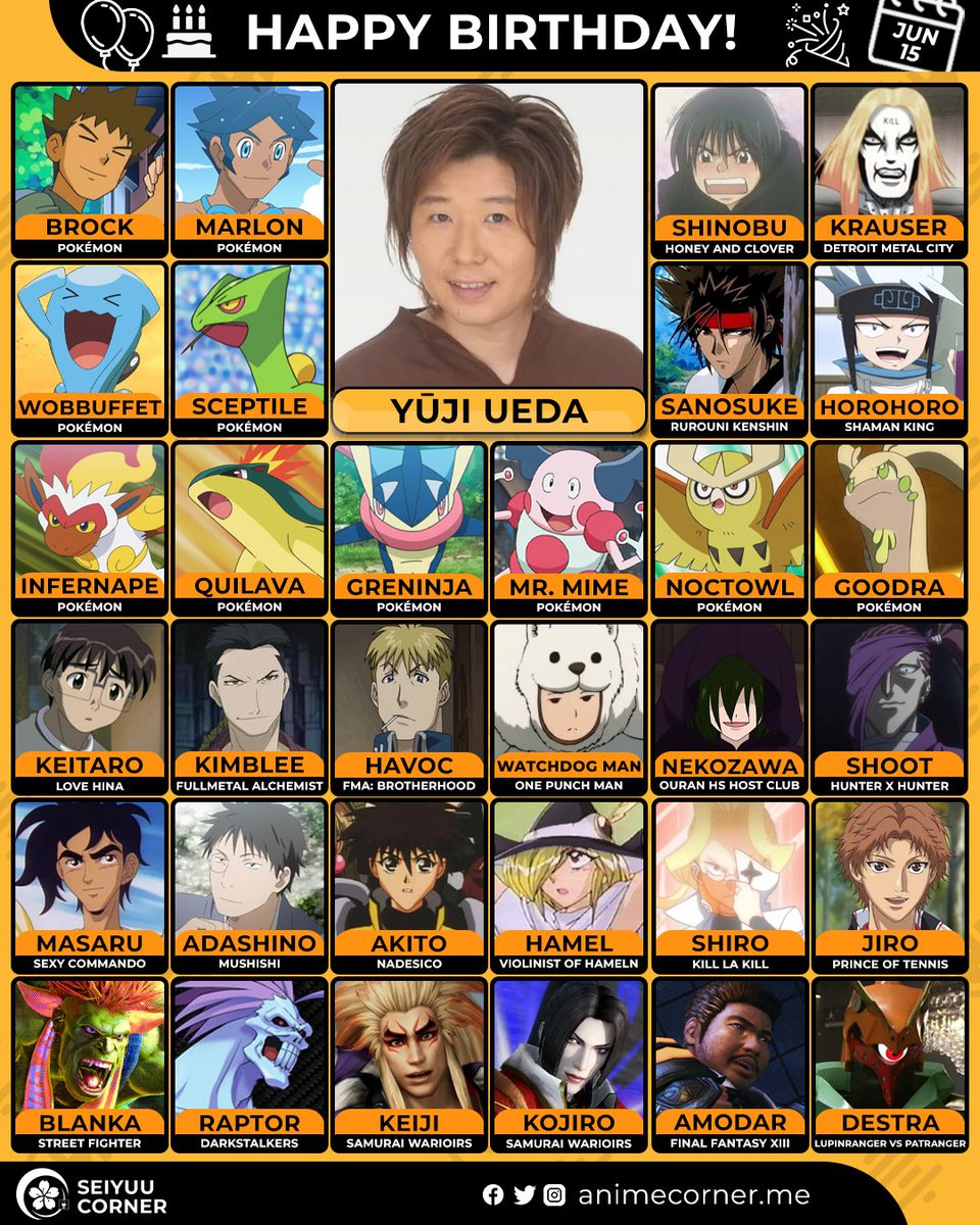 NoCotish's tweet photo. Au Japon, c'est l'anniversaire du seiyuu vétéran Yuji Ueda🎉

On peut dire qu'il a largement roulé sa bosse, surtout avec Pokémon😆👌 https://t.co/39g7Mh6pUv