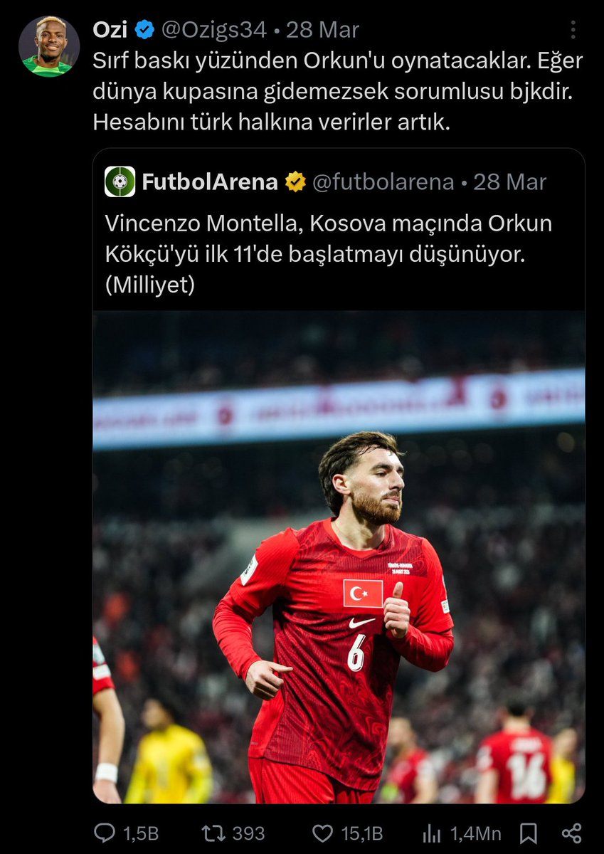 Ozigs34's tweet photo. Hoca bjklilerin baskısı yüzünden Orkun'u oynatmaya başladığından beri milli takımın oyunu düştü maalesef. Turnuva başarısız sonuçlanırsa en büyük sebebi bu. https://t.co/XoIph9Uqb2