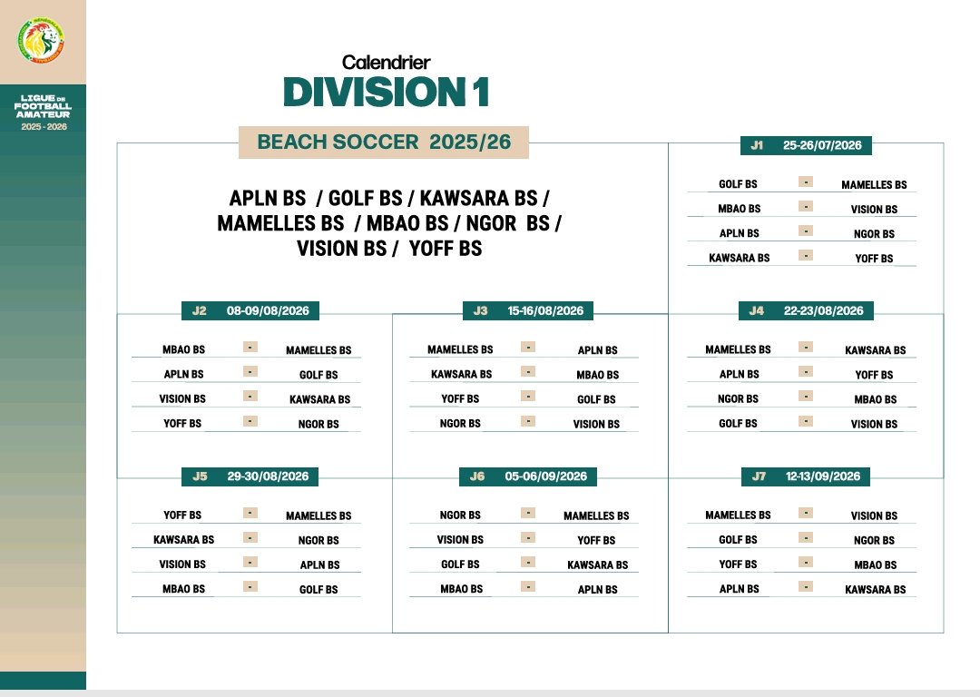 YoffBeach's tweet photo. Pour la saison 2025/2026

8⃣ équipes en Division d'Elite ⚽
7⃣ journées
1⃣ trophée🏆

Voici le calendrier du championnat : https://t.co/V0rZaQiQ3B