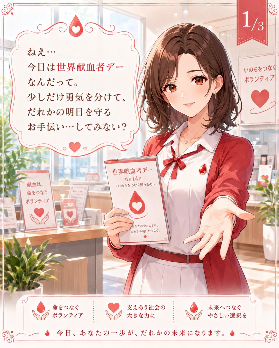 wanwanartist's tweet photo. 【365日ヒロイン企画】
おはようございます。

今日は世界献血者デーです。
今日の彼女は、そっと背中を押してくれるような、やさし��頼れるお姉さんの雰囲気で作りました。

#今日は何の日 #世界献血者デー #AIイラスト #AI美女 #記念日 #365日ヒロイン企画 https://t.co/QgAcrRGO2Q
