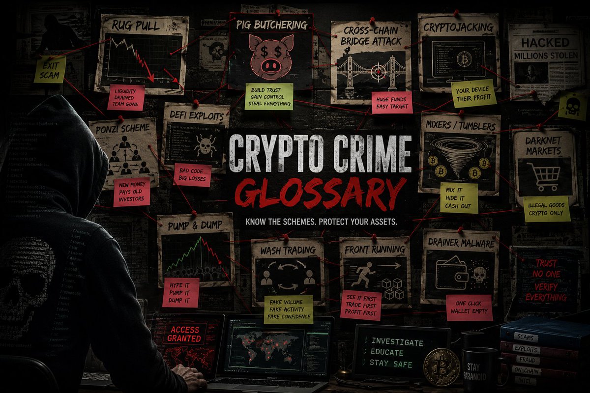 A_W_W_A_L's tweet photo. 🚨 If you've been in crypto long enough, you've probably heard these words thrown around.

Rug pull. 
Wash trading.

Most people don't actually know what they mean until they're the victim.

Here's a simple Crypto Crime Glossary every investor should know 

🧵👇 https://t.co/vOzh8035Ma