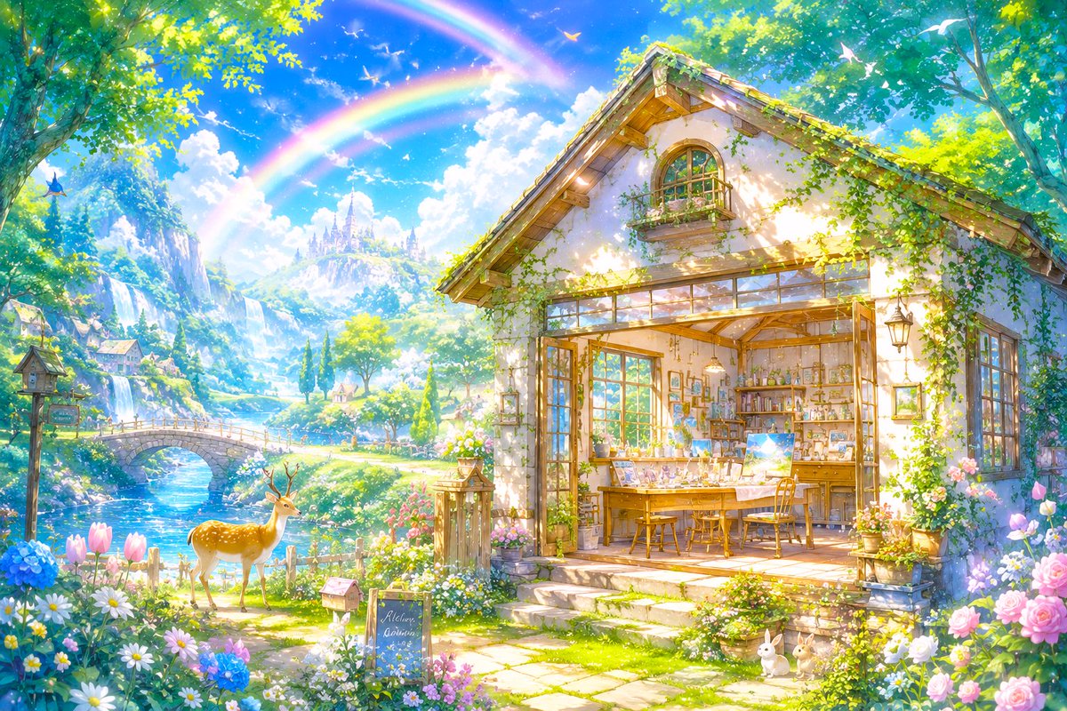 MAASblue's tweet photo. 異世界ナビゲーターである私には、異世界の一角に自分だけのアトリエを作り、そこで、朝から晩まで世界に浸りたい、という夢があります。

それをリアルでも実現させるべく、今は心に留めつつ、もろもろの勉強を進めて参ります♪

#AIイラスト
#AIart️️️️️️️️���️️️️️️️️️️️️️ https://t.co/4lVQ6pJMVG
