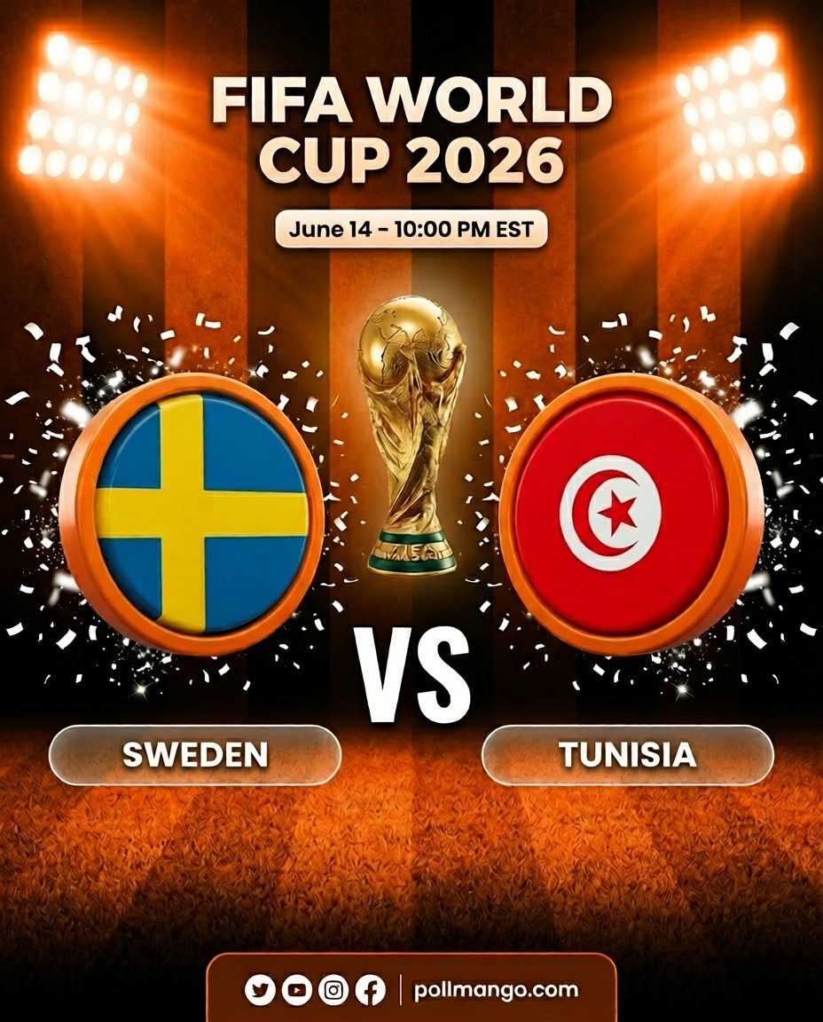 ThePollMango's tweet photo. 🏆 FIFA World Cup 2026

🇸🇪 Sweden 🆚 🇹🇳 Tunisia

A crucial Group Stage clash awaits! Who gets the win?
Drop your vote 

https://t.co/9ad5oSz4lx

#FIFAWorldCup2026 #SwedenVsTunisia #WorldCup #Football https://t.co/mg2enJeROp