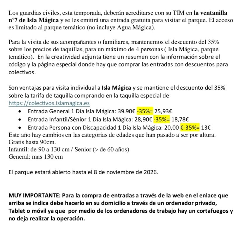 IGCFormacionyAS's tweet photo. Increíble descuento que hace Isla Mágica a los guardias civiles y a sus familiares o acompañantes. Sin duda una gran oferta para pasar un día inolvidable con los tuyos.
#IGC #TuEresIGC @islamagica https://t.co/bCWJesXRTs