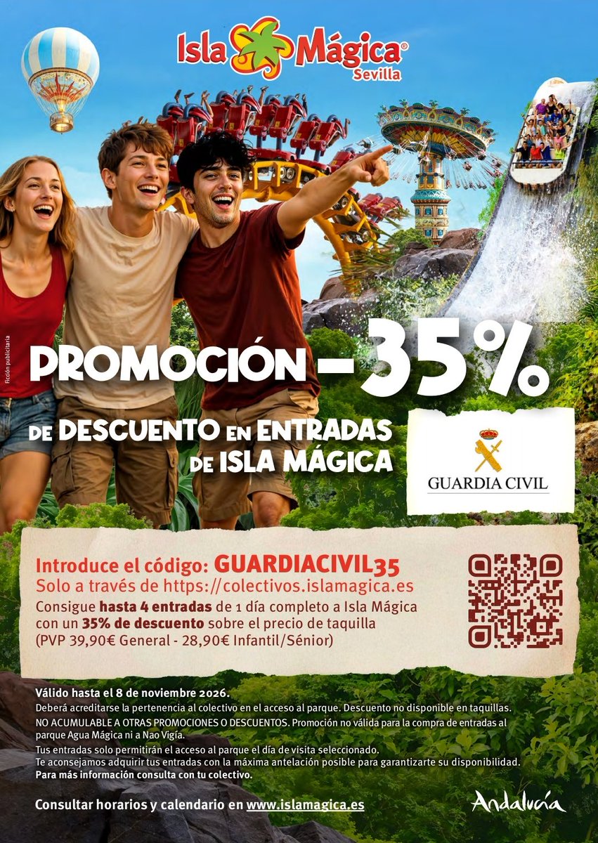 IGCFormacionyAS's tweet photo. Increíble descuento que hace Isla Mágica a los guardias civiles y a sus familiares o acompañantes. Sin duda una gran oferta para pasar un día inolvidable con los tuyos.
#IGC #TuEresIGC @islamagica https://t.co/bCWJesXRTs