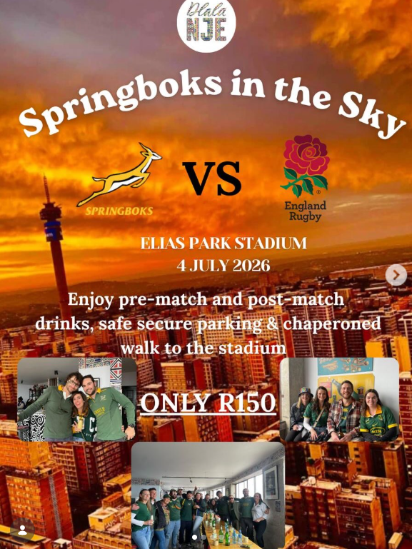 CureeisPine's tweet photo. dlalanje
🏉SPRINGBOKS IN THE SKY 🇿🇦

Join @dlalanje for #SpringboksInTheSky July 4th 🤩

🇿🇦Springboks vs England 🏴󠁧󠁢󠁥󠁮󠁧󠁿

- Pre &amp; post game drinks

- Secure parking

- Chaperoned walk to &amp; from Ellis Park

🇿🇦All for only R150 - BOOK NOW 🏉

https://t.co/rqrjuSY6mb https://t.co/2ZC1bTUS3g