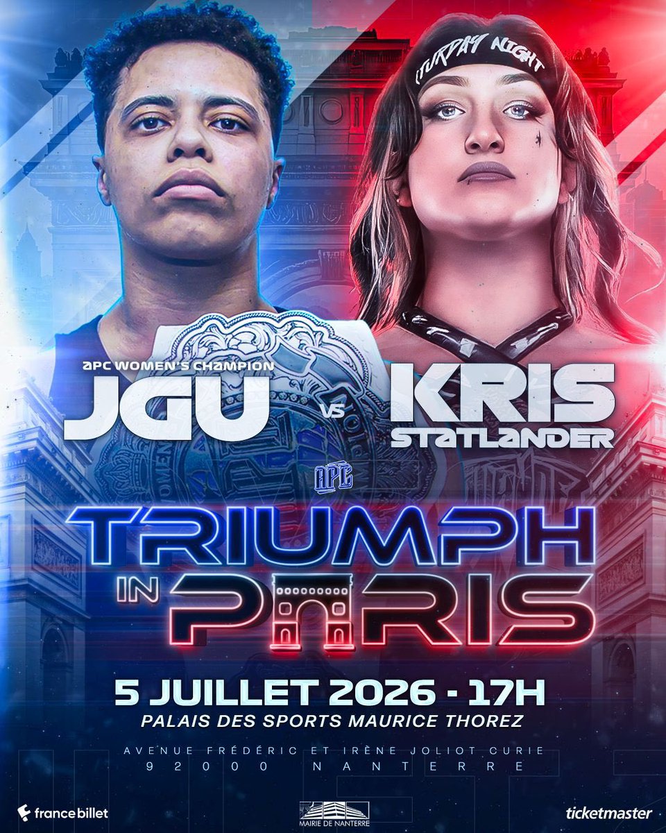 APCcatch's tweet photo. 🗼TRIUMPH IN PARIS 🗼
📅 5 juillet 2026 — 17h
📍 Palais des sports de Nanterre | 136, avenue Frédéric et Irène Joliot Curie 92000 Nanterre
🎟️ https://t.co/qWfQRvNF9o

Un affrontement hors du commun vous attend à Triumph in Paris le 5 juillet prochain.

D’un côté, l’actuelle championne féminine de l’APC, les trois lettres les plus dangereuses du catch, et membre de Suplex Republik : @prowrestler_jgu .

De l’autre, ancienne AEW TBS Champion, ancienne AEW Women’s World Champion, « The Galaxy’s Greatest Alien », The Cosmic Killer : @callmekrisstat .

🎟️ Réservez vos places dès maintenant à partir de 15€