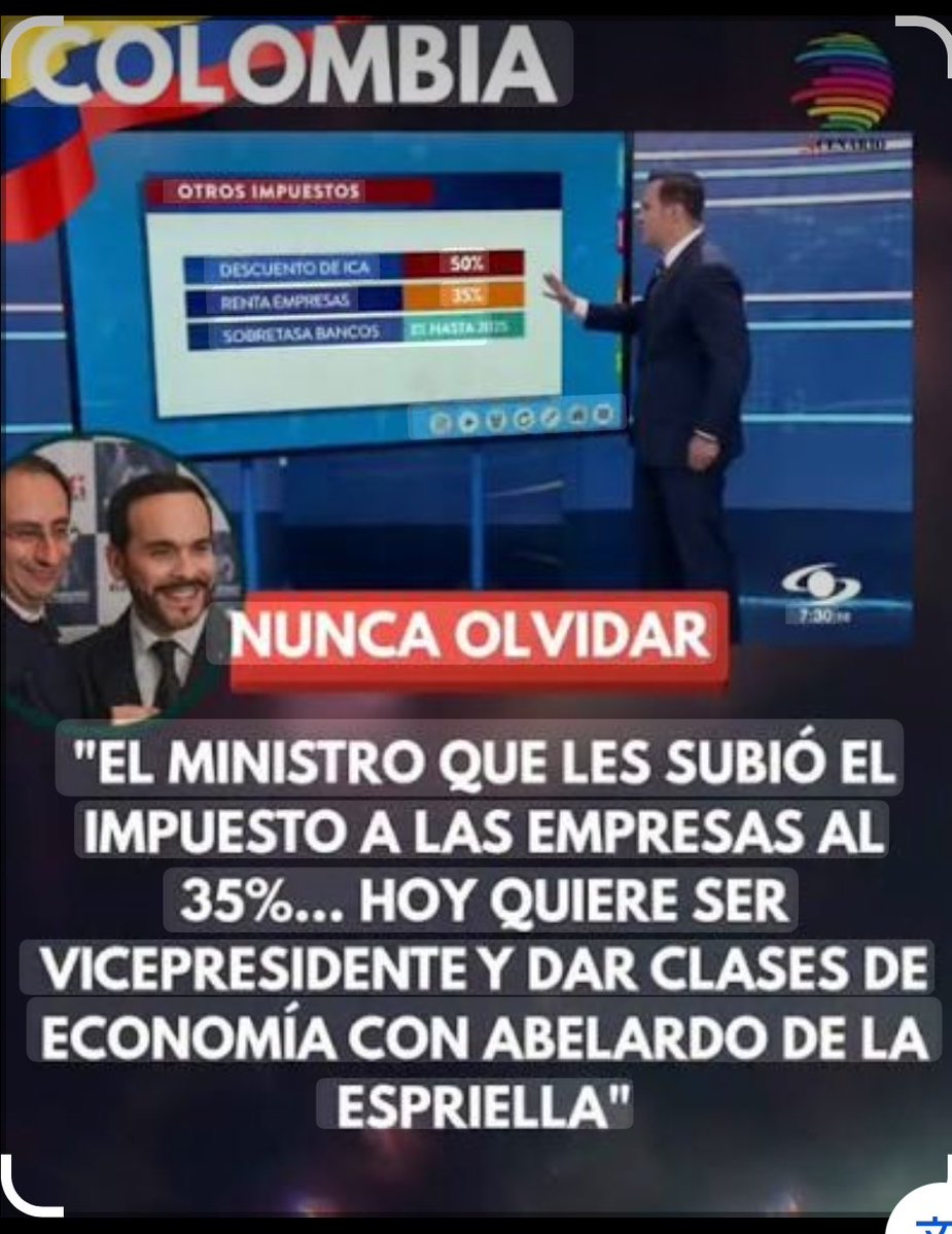 ColomboSweden's tweet photo. NO ES CHISME, SON HECHOS👇🏽
El mentiroso de Juan Manuel Restrepo fue quien le subió los impuestos a los empresarios al 35% y hoy, en medio de la campaña presidencial para ganar tu voto, habla de bajar impuestos.

¿Y ustedes le creen? https://t.co/GphBjNQCp6