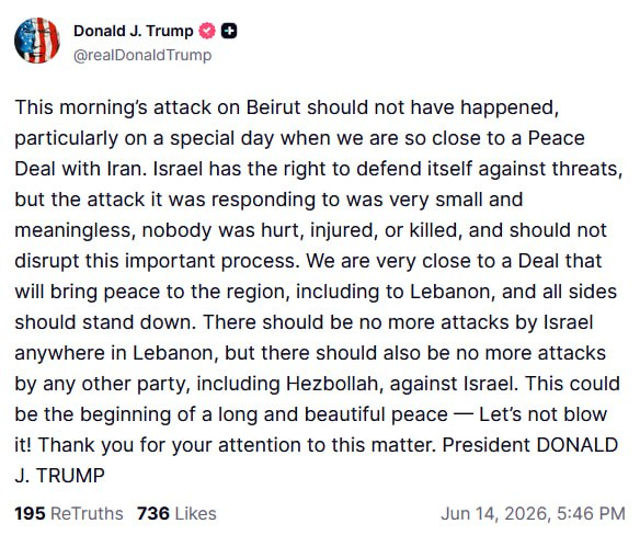 SputnikMundo's tweet photo. 🇺🇸🇮🇱🇱🇧 "Fue insensato": Trump condena el ataque israelí contra el Líbano

🗣 "El ataque de hoy en Beirut jamás debió haber ocurrido, especialmente en un día tan crucial, cuando estamos tan cerca de un acuerdo de paz con Irán. Israel tiene derecho a defenderse de las amenazas, pero el ataque de represalia fue insignificante e insensato", escribió el mandatario estadounidense en Truth Social.

Agregó que EEUU está muy cerca de un acuerdo que traerá la paz a la región, incluyendo el Líbano, y "todas las partes deben cesar sus acciones".