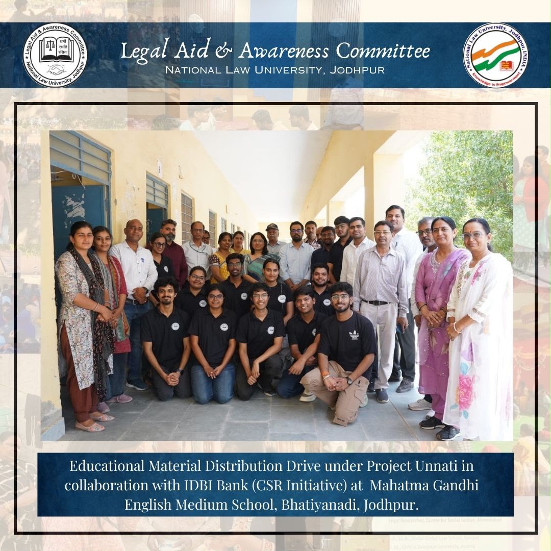 AidCommittee's tweet photo. The Legal Aid and Awareness Committee, National Law University, Jodhpur, in collaboration with IDBI Bank under its CSR initiative, organized an Educational Material Distribution Drive for the students of Government Mahatma Gandhi English Medium School, Bhatianadi, https://t.co/6s4A5JOM22