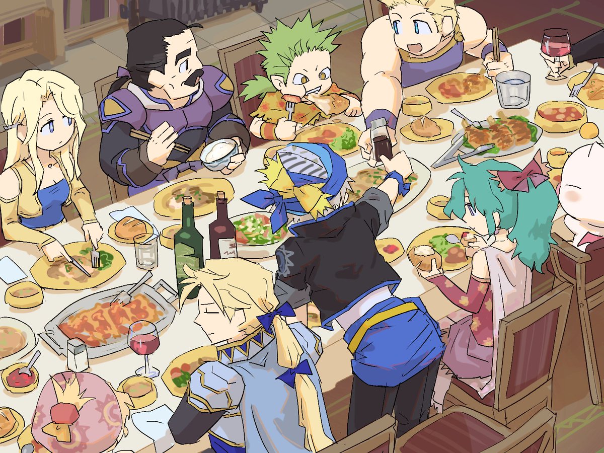 9th_FF6's tweet photo. ストラゴス（見えず）←　　　　　　　→セッツァー　
ロックとマッシュの辺りでドマ食が流行ってる https://t.co/Vrax1KP8Bo