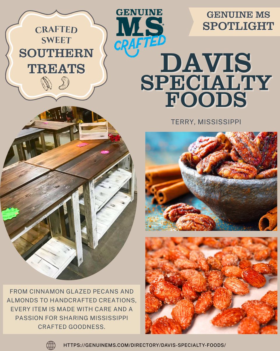 genmississippi's tweet photo. Genuine MS® Spotlight: Davis Specialty Foods 🥜
Davis Specialty Foods specializes in handcrafted treats including cinnamon glazed pecans, cashews, and almonds that have become customer favorites.
#GenuineMS #GenuineMSMember https://t.co/KFwBdv1Spr
