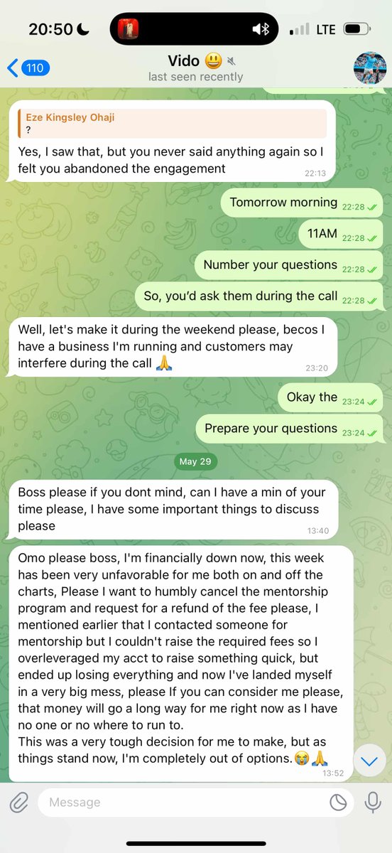 ohajielom's tweet photo. This is similar to what happened between a 35-year-old man and me last year before he eventually joined the people to start dragging me on X through Forex Influencers. 

He came to me voluntarily because he wanted to learn how I trade, particularly how I traded gold.

Before the mentorship began, he praised my composure and knowledge. He told me that if certain people on X understood gold the way I did, everyone else would have to leave the internet for them.

He was so friendly and complimentary that he jokingly asked whether I needed a wife and said he could offer me two of his sisters, adding that his girlfriend could join them. That was the nature of our conversation before the refund dispute.

During the first week, he specifically asked whether the programme included one-on-one sessions or whether he would only have access to the videos. I confirmed that it included one-on-one sessions. I also instructed him to study the information inside the coaching group because it was important. Therefore, the programme included private sessions, the coaching group and access to the trade calls.

He responded that he was already going through the group, observing the phenominal performances and was ready for our private sessions whenever I was available. I told him that our sessions would take place on weekends, and he agreed.

About a week and a half later, he contacted me to confirm whether the trade calls group had become inactive and asked whether I had stopped it. I told him no.

When he later complained that he felt I had abandoned the engagement, I immediately proposed a call for the following morning. I asked him to number and prepare all his questions so that I could address them during the call.

He was the person who asked me to move the call to the weekend because he operated a business and said his customers might interrupt him. I agreed and again told him to prepare his questions. A little over a week later, he suddenly asked to cancel the mentorship and requested a refund.

Let me make this completely clear:

- He did not demand a refund because I could not trade.

- He did not demand a refund because I could not teach him.

- He did not claim that my trading performance was poor or that the mentorship lacked value.

His own messages show the exact opposite. He praised my knowledge, acknowledged the performances he was observing and repeatedly asked for one-on-one sessions with me.

The reason he gave for requesting a refund was that he had overleveraged his personal trading account while trying to raise money quickly, blew the account and became financially stranded.

Those were his own words.

He admitted that he was financially down, that the week had been unfavourable for him both on and off the charts, and that he had over-leveraged his account while trying to raise some money. He said he lost everything, had placed himself in a serious financial mess and had nobody or nowhere else to turn.

He told me that receiving the money back would go a long way in helping him. He even asked me to deduct whatever amount I considered fair for the time he had already spent receiving trade calls and participating in the coaching group.

Therefore, his refund request arose from the consequences of his own over-leveraging and financial hardship, not from any inability on my part to trade or teach. I told him that I had never refunded anyone. He then informed me that he had left both groups so he could think clearly.

About four weeks after coming to me, he reported me to a forex blog and demanded a refund. After everything, he later returned, apologised and asked me to understand him as a man. He admitted that he was broke and that his financial condition was the reason he demanded the refund.

I accepted his apology. We laughed about it, and I warned him never to do anything like that again. Yet, about two weeks later, the same man asked me to lend him $2,000, or at least $1,000.

I refused to lend him the money, but I still continued teaching him and gave him two additional lengthy sessions. 

Several weeks later, he reported me again, this time to Forex Influencers. He deleted parts of our conversations, removed the surrounding context and presented himself to the public as an innocent victim.

The screenshots circulated on X did not show how highly he had praised my trading knowledge and performance. They did not show how friendly he had been, to the extent that he jokingly offered me two of his sisters and said his girlfriend could join.

They did not show that he had admitted blowing his trading account through overleveraging. They did not show that his refund request arose from his personal financial hardship rather than my ability to trade or teach.

They did not show that I offered him another call, that he personally requested that the call be moved to the weekend, or that I continued teaching him afterwards. They also did not show his apology or his subsequent request to borrow $2,000 or $1,000 from me.

Before you take sides, judge someone, or end a relationship, hear both sides of the story. The first person to speak is not always right.

Many people have created lifelong enemies because they believed one story too quickly. Do not let someone use you against an innocent person.

The public was only shown selected conversations. I had the complete record. Evidence is everything. Nothing beats evidence in this world.

Silence does not protect you; it gives people room to rewrite the story. You may have every receipt and choose not to speak, yet they will still paint you as the perpetrator.

Document everything. And when necessary, reveal everything.