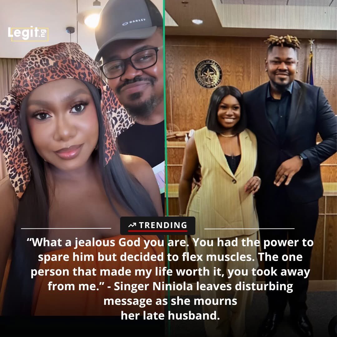 MEZIEMedia's tweet photo. Singer Niniola shares her wedding photo with a cryptic post questioning God as she continues to mourn the death of her husband, Michael Ndika.

In a post on her Instagram story, she wrote, "That one person that made my life worth it, you took away from me. We did not disturb anybody o. Just living lives on our own terms. What a jealous God you truly are. Cos you had the power to spare him but decided to flex muscles." 

Photo credit - officialniniola/Instagram