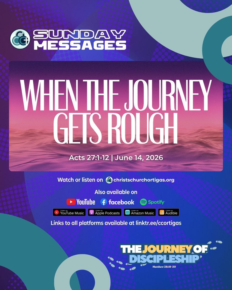 ccortigas's tweet photo. The Journey of Discipleship: When The Journey Gets Rough
June 14, 2026

Watch or listen on your chosen platform, full list available at https://t.co/CFLGoYGHZ4
#CCOrtigas https://t.co/TD7AOaf9i7