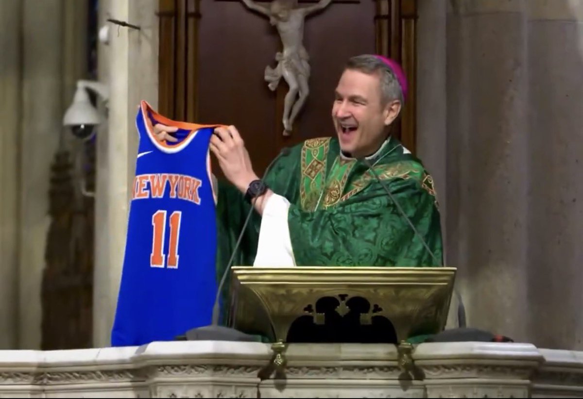 maryshovlain's tweet photo. At Sunday’s Mass in St. Patrick’s Cathedral, Archbishop Hicks joined New Yorkers celebrating the Knicks’ victory.

The No. 11 Knicks jersey carried an added significance: Archbishop Hicks is the 11th Archbishop of New York. https://t.co/KR4J6d5Cdf