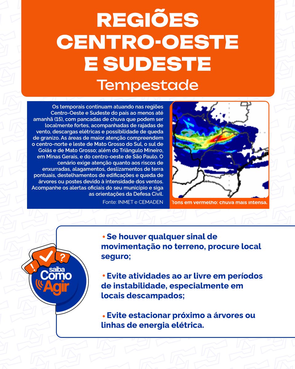 defesacivilbr's tweet photo. Painel - Tempo e Risco (14/06)

A Defesa Civil Nacional divulga diariamente o Painel Tempo e Risco, reunindo informações oficiais sobre previsão e riscos hidrológicos, geológicos e meteorológicos.
Acompanhe nossas redes sociais e mantenha-se informado sobre as condições da sua região.
📱 Alertas oficiais:
SMS: CEP para 40199
WhatsApp: “Olá” para (61) 2034-4611
🚨 Emergência: 193 e 199.
Compartilhe e ajude outras pessoas a se protegerem!
