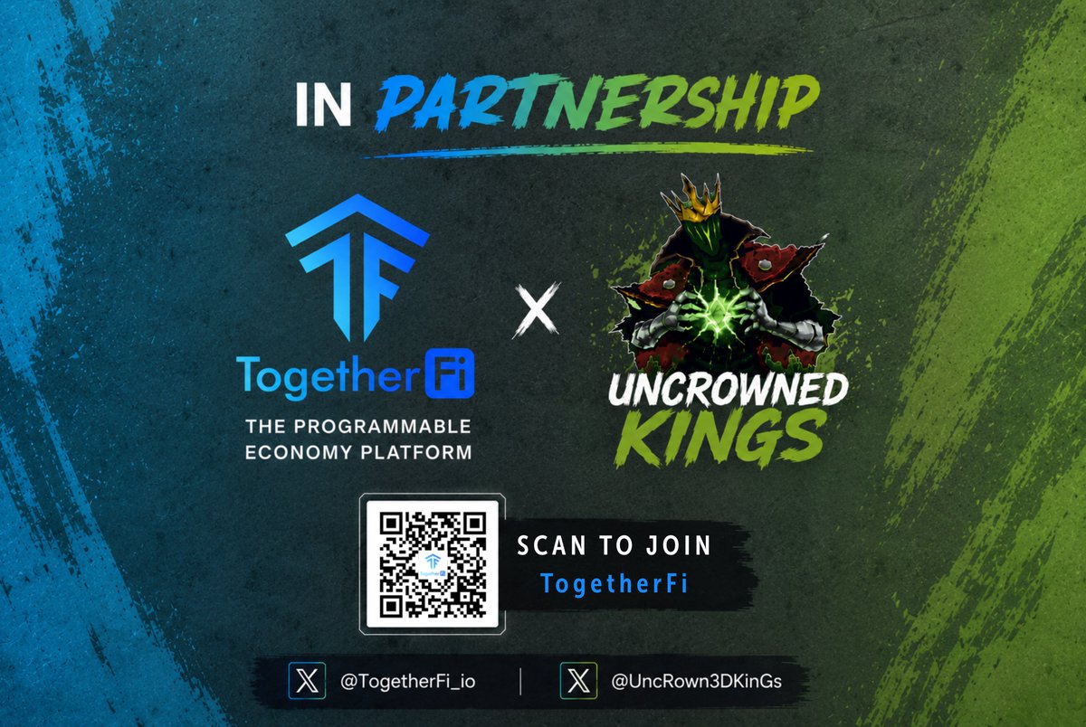 UncRown3DKinGs's tweet photo. 👑 Uncrowned Kings × @TogetherFi_io 🤝

We're excited to announce our partnership with TogetherFi, THE PROGRAMMABLE ECONOMY PLATFORM.

Join TogetherFi and be part of the future of digital ownership.

🔗 https://t.co/ANaEimUzIw

The journey starts now. 🚀 https://t.co/KwJO7QyZtG