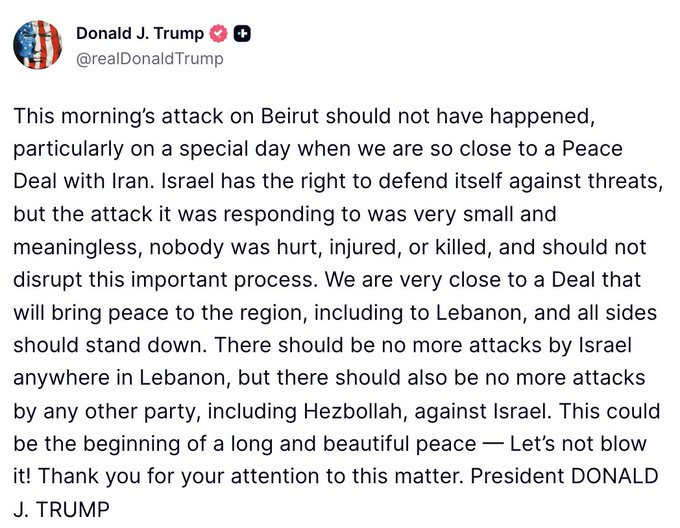 TheMaineWonk's tweet photo. Trump: Israel's attacks on Beirut should not have happened. 

Gee, it's almost like the President of the United States is not taken seriously on the world stage and indeed is NOT in charge. 

Trump is weak, ineffective and has destroyed America's standing as a Super Power. https://t.co/RbSnwRWhut