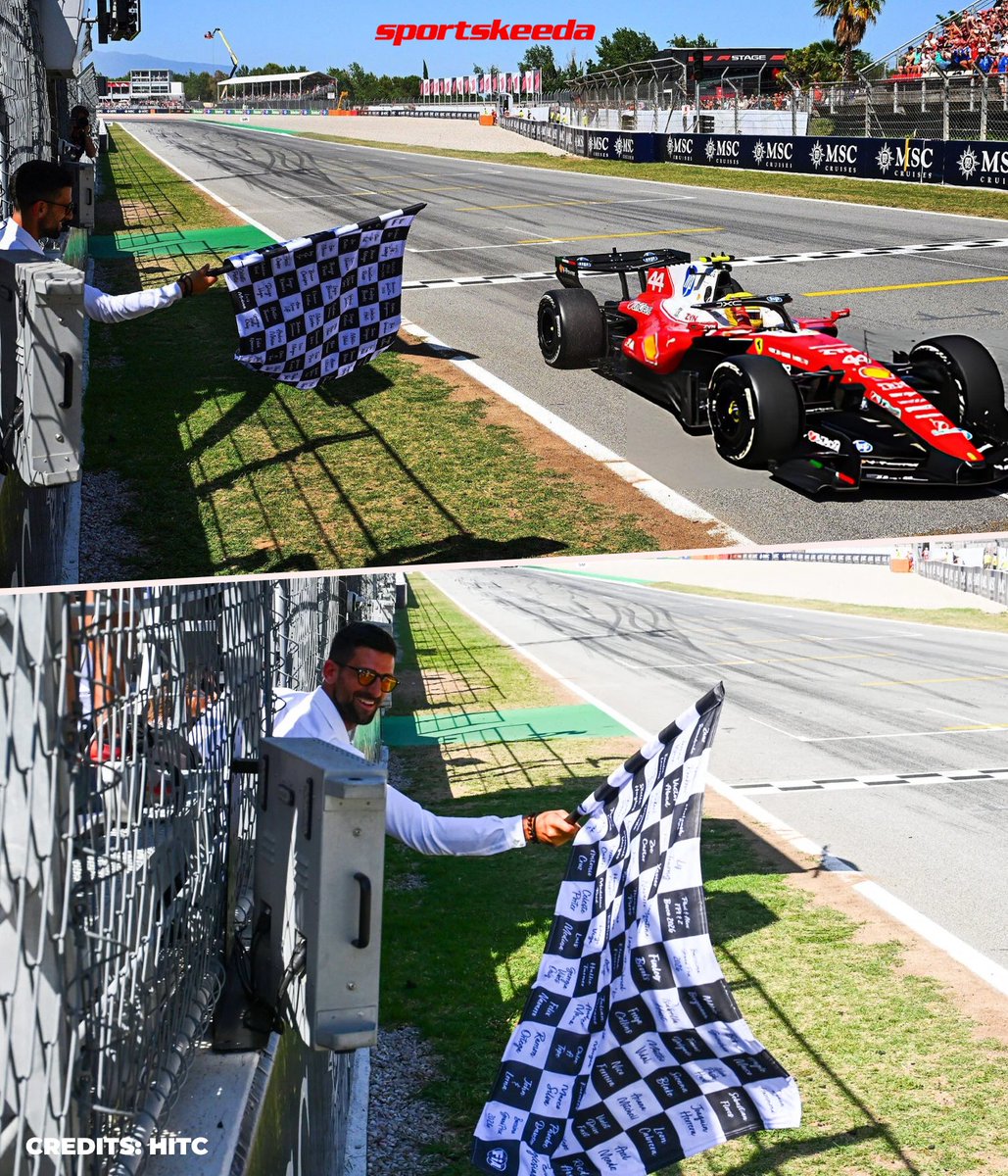 SK__Tennis's tweet photo. FROM GOAT TO GOAT! 🤝🏻🐐🐐

Novak Djokovic was the one who dropped the checkered flag at Lewis Hamilton's finish in the Barcelona GP. 🏁🤩

#BarcelonaGP https://t.co/goE56IawvV