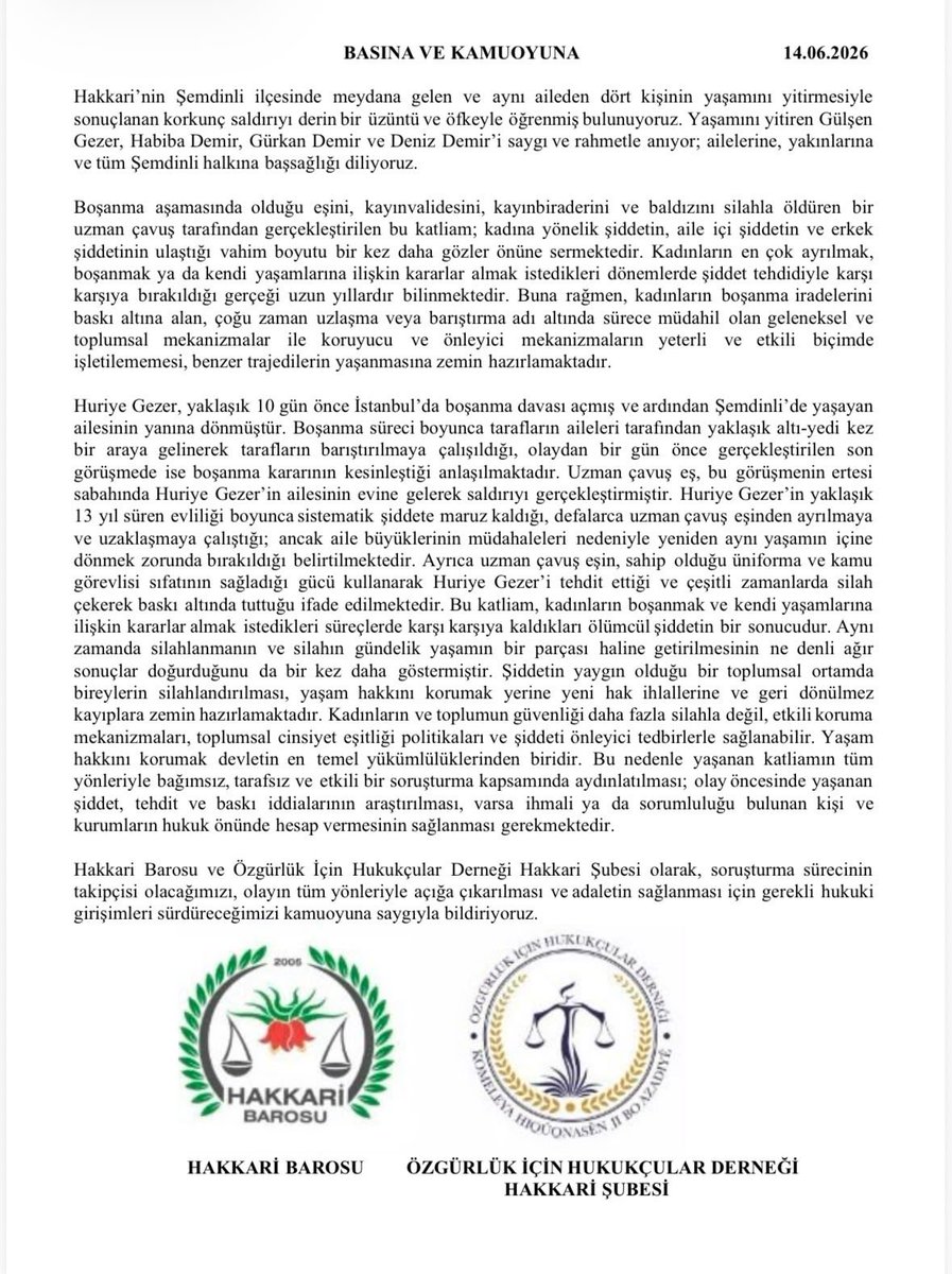 HakkariOhd's tweet photo. Bugün Şemdinli’de yaşanan olayla ilgili olarak cezasızlık zırhıyla kuşatılan her türlü uygulamaya karşı olduğumuzu; kadın cinayetleri başta olmak üzere etkin soruşturma ve adil yargılama yükümlülüğünün eksiksiz şekilde yerine getirilmesi gerektiğini kamuoyuna saygıyla bildiririz. https://t.co/6puad2svPz