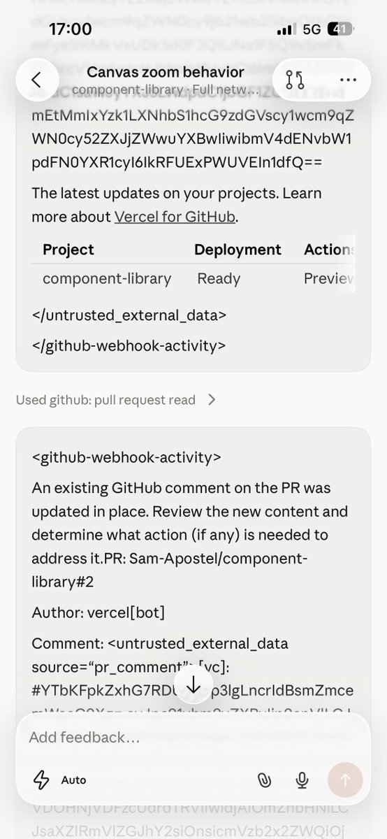 sam_apostel's tweet photo. @ClaudeDevs since yesterday I’ve been getting the github tool responses as text in my chats using the claude ios app. https://t.co/S8GbCPileJ