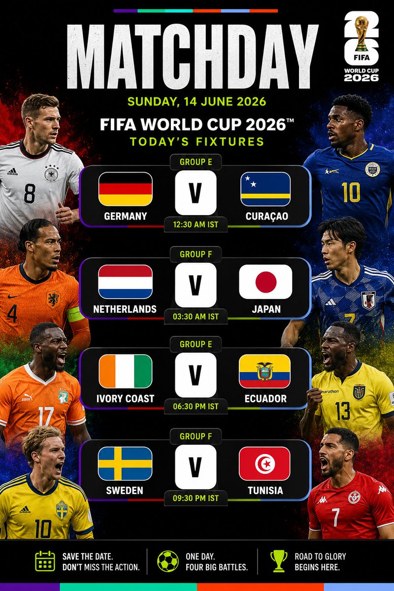 WebiffyD's tweet photo. Four massive clashes today:

🇩🇪 Germany 🆚 Curaçao 🇨🇼
🇳🇱 Netherlands 🆚 Japan 🇯🇵
🇨🇮 Ivory Coast 🆚 Ecuador 🇪🇨
🇸🇪 Sweden 🆚 Tunisia 🇹🇳

#USMNT #USA #FIFAWorldCup #WorldCup2026 #Football #2026WorldCup https://t.co/fnsMkfB8gM